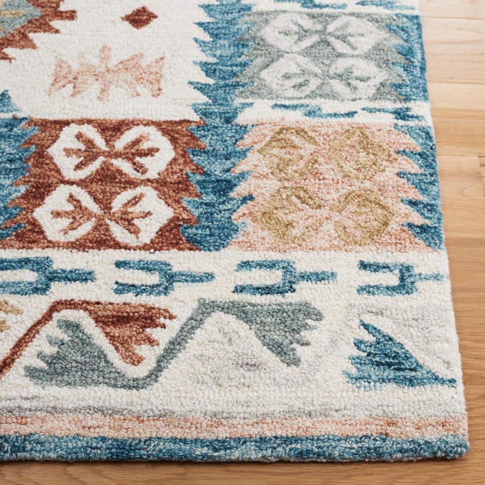 Ivory and Blue Hand-Tufted Wool Southwestern Square Rug, 6' x 6'