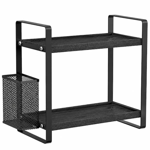 Wooden Coffee Station Organizer with 2 Tier Shelves and Metal Side Rack for 12 Coffee Pods, 6.7 x 13.4 x