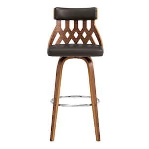 26 in. Brown Faux Leather Curved Back Walnut Wood Swivel Bar Stool