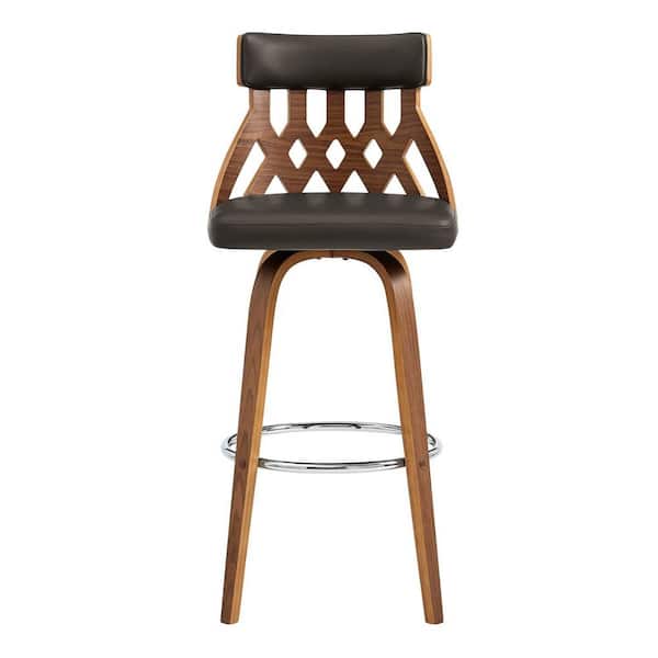 HomeRoots 26 in. Brown Faux Leather Curved Back Walnut Wood Swivel Bar Stool