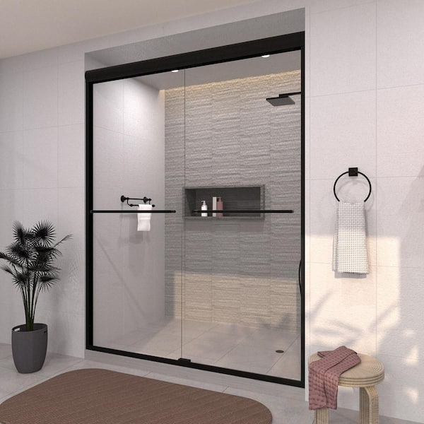 60 in. W x 72 in. H Sliding Framed Shower Door in Matte Black with Clear Glass