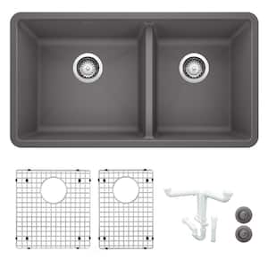 Precis 33 in. Undermount Double Bowl Metallic Gray Granite Composite Kitchen Sink Kit with Accessories