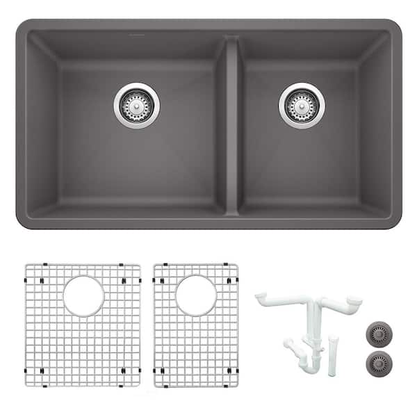 Blanco Precis 33 in. Undermount Double Bowl Metallic Gray Granite Composite Kitchen Sink Kit with Accessories