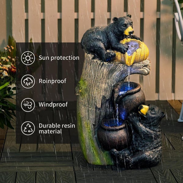 23.6 in. H Bear Resin Tiered Waterfall Water Fountain with LED