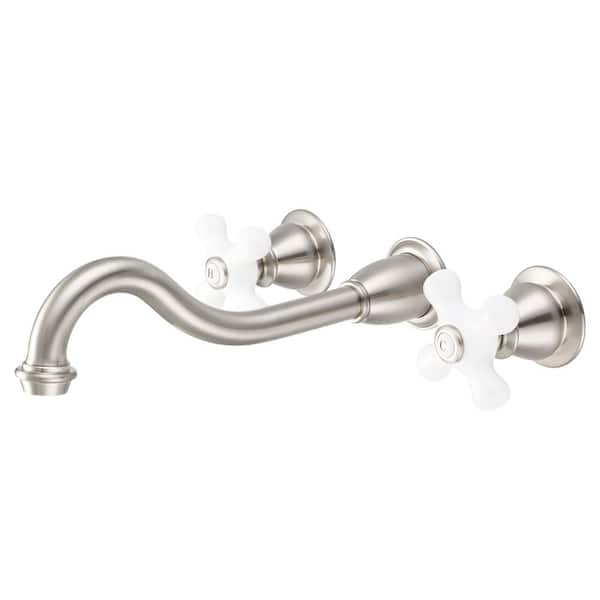 Water Creation Wall Mount 2-Handle Elegant Spout Bathroom Faucet in Brushed Nickel
