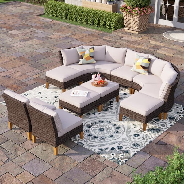 Brown 11 Piece Rattan Steel Wicker Outdoor Sectional 4 Curved Sofas Ottomans 15 Seat With Beige Cushions