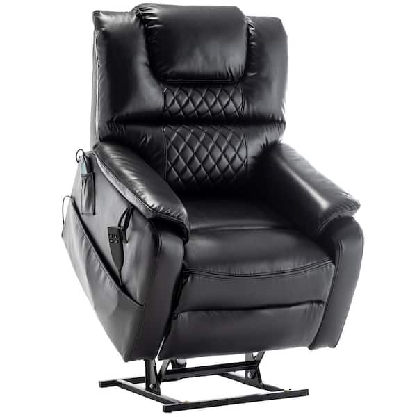 KINWELL Black Faux Leather Dual Motor Lay Flat Sleeping Infinite Position Electric Power Lift Heated Massage Recliner