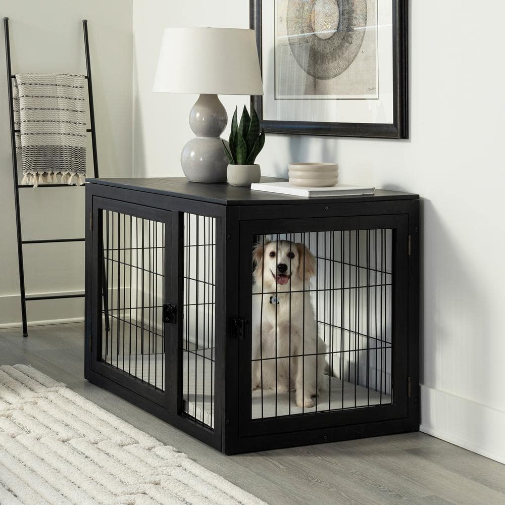 Large Black Acacia Wood and Metal Dog Crate Table