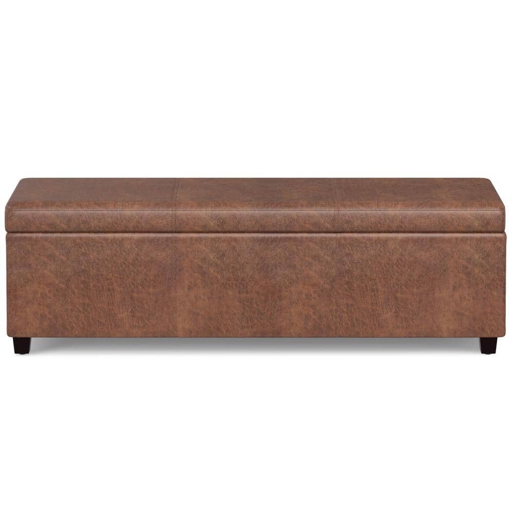 Distressed Saddle Brown Faux Leather Storage Ottoman Bench