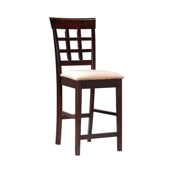 Benjara 26.5 in. Tan and Cappucino Brown High Back Wood Frame Bar Stool with Fabric Seat