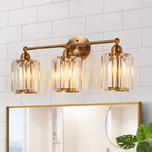 Modern Cylinder Bathroom Vanity Light 24 in. 3-Light Plating Brass Wall Light with Crystal Glass Strips