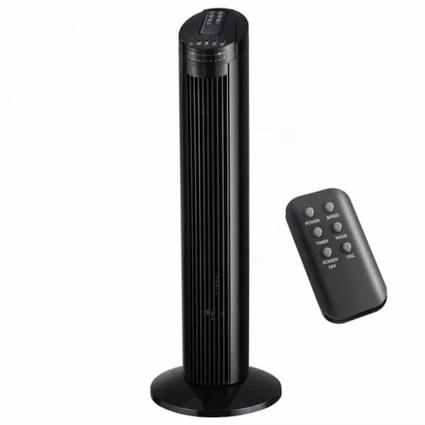 Aoibox 29 in. 3 Fan Speeds Bladeless Oscillating Tower Fan in Black with Top Mounted Remote, 38dB Low Noise 7.5H Timing