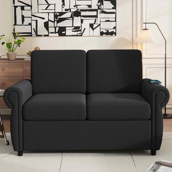 57.9 in. Square Arm Linen Square with Twin Size Memory Mattress and Two USB Ports Sofa in Black