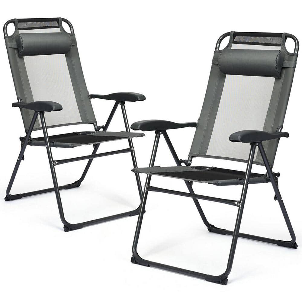 Gray Adjustable Folding Metal Outdoor Recliner Chairs (2-Pack)