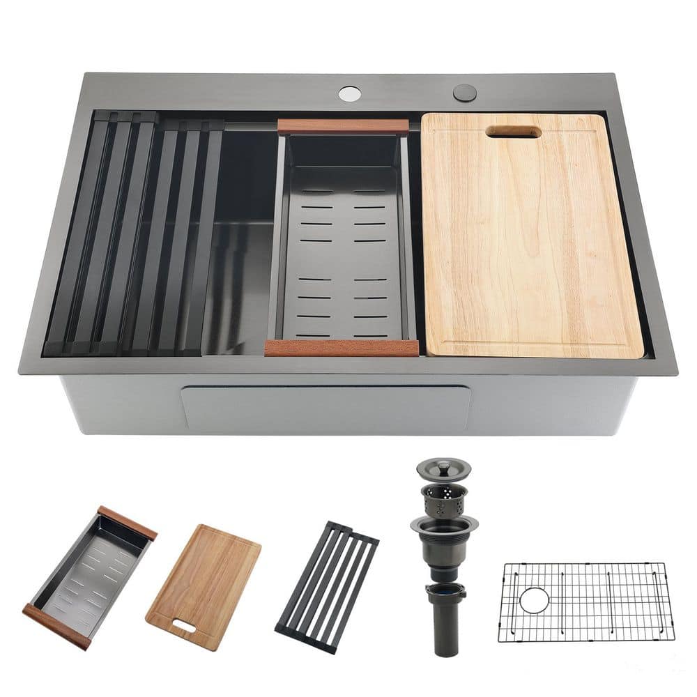 33 in. Drop-In Kitchen Sink, Stainless Steel Single Bowl with Drain Assembly, Bottom Grid and Cutting Board, Gray