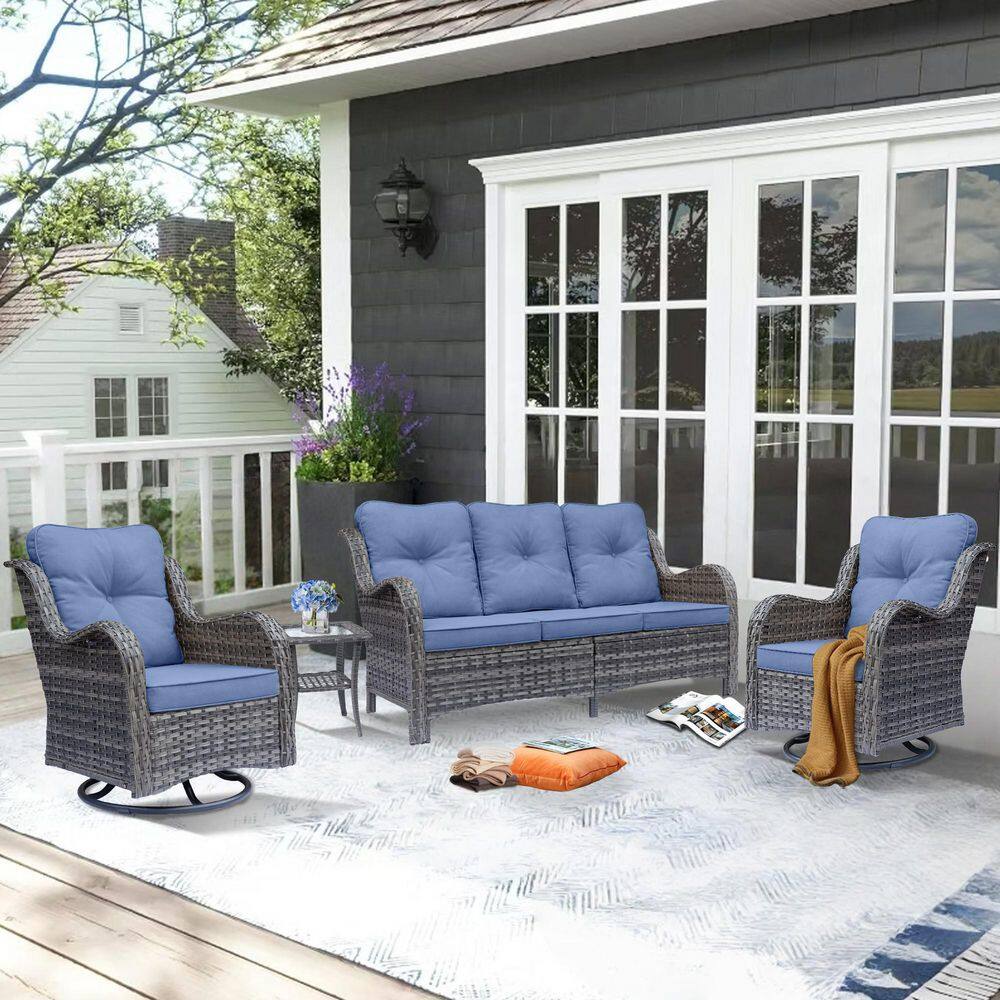 Gray 4-Piece Wicker Outdoor Patio Conversation Seating Sofa Set with Denim Blue Cushions and Swivel Rocking Chairs price history on PriceWatchPro