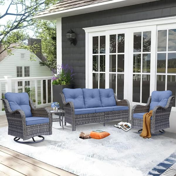 Xingzjojor Gray 4-Piece Wicker Outdoor Patio Conversation Seating Sofa Set with Denim Blue Cushions and Swivel Rocking Chairs
