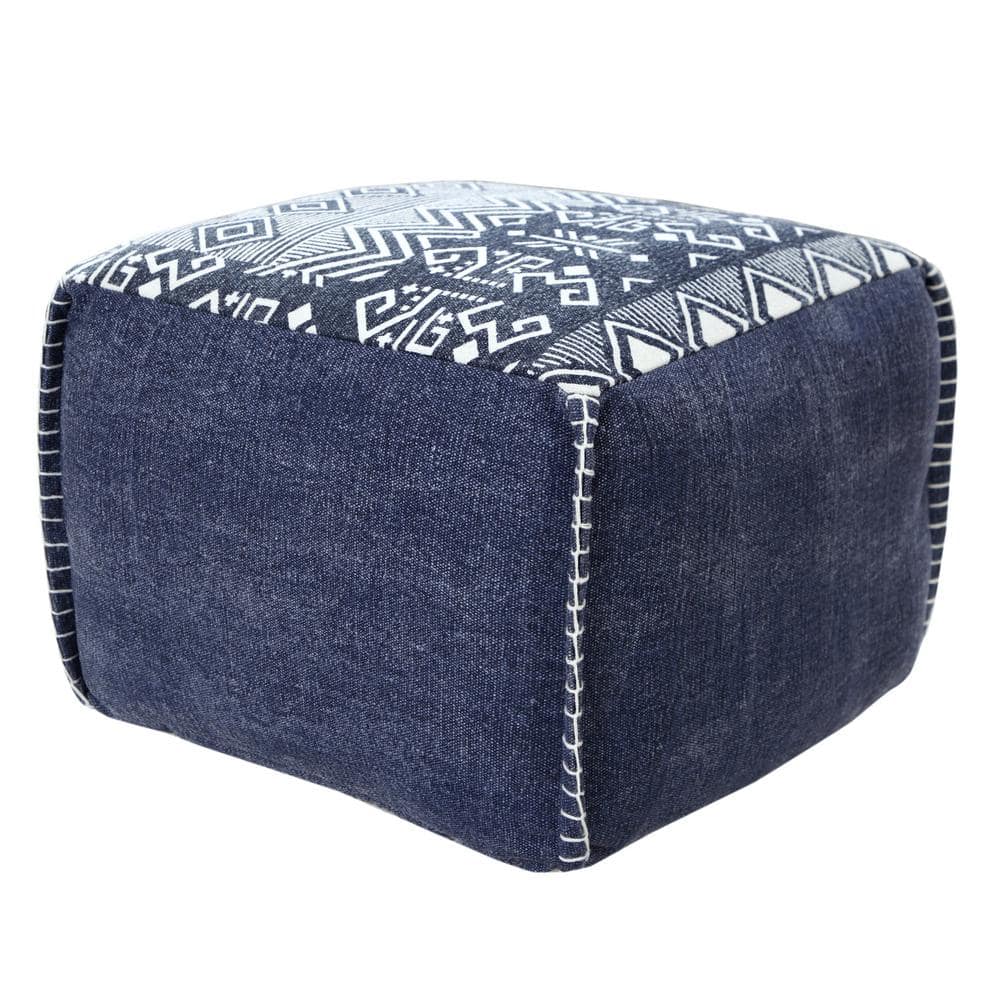 Simple Navy Blue / White Southwestern Traditional Tribal Pouf Ottoman