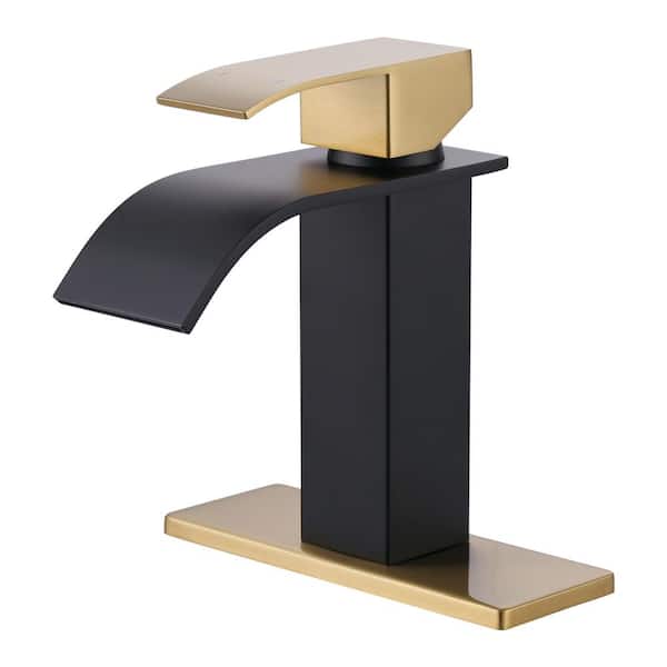 Single Handle Single Hole Bathroom Faucet with Deckplate Included and Supply Lines in Gold and Black