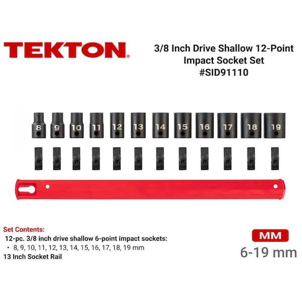 3/8 in. Drive 12-Point Impact Socket Set (12-Piece) (8-19 mm) - Rails