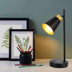 16.14 in. Matte Black Metal Indoor Desk Lamp with Wireless Charger and USB Charging Port