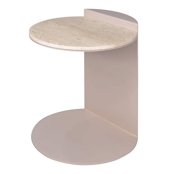 Evelyn 16 in. Beige/Pink Beige Contemporary Natural Marble/Metal Handmade Round C-Shaped End Table