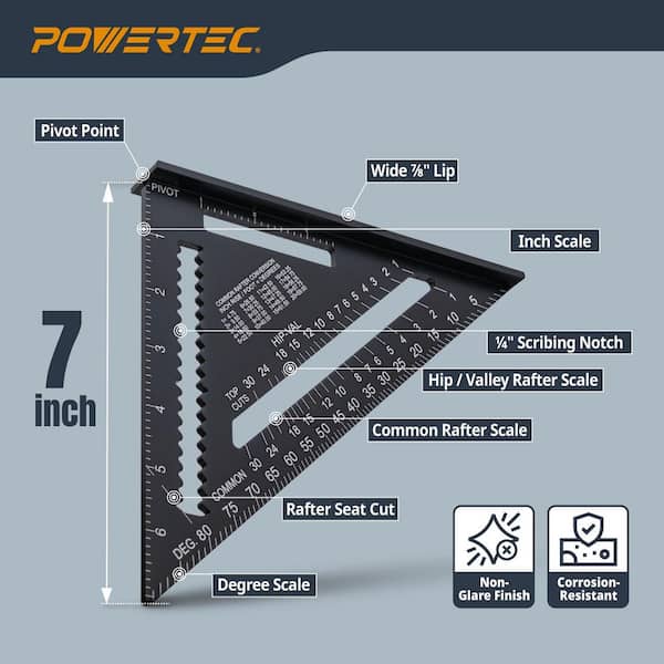 POWERTEC 7 in. Rafter Square, Aluminum Carpenter Square for