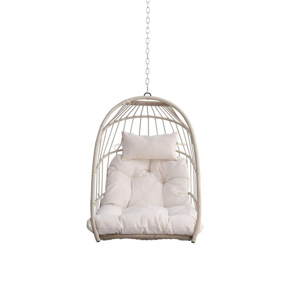 Wicker Egg Shape Hanging Porch Swing with White Cushions