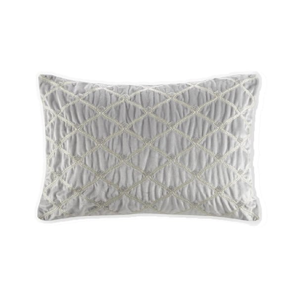 Afoxsos Silver 15 in. x 22 in. Oblong Decor Throw Pillow with Hand-Beaded Foxtail Stitching and White Goose Feather Insert