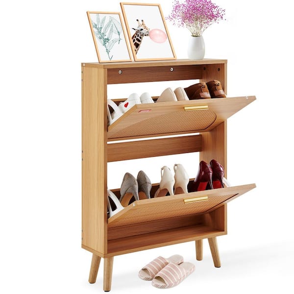 Shoe Cabinet with 2 Flip Drawers Free Standing Shoe Storage Cabinet with Rattan Doors for Entryway (Max for 7 Pairs)
