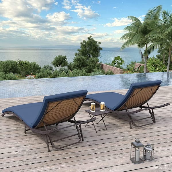3-Piece Wicker Outdoor Adjustable Chaise Lounge with Cushion Navy