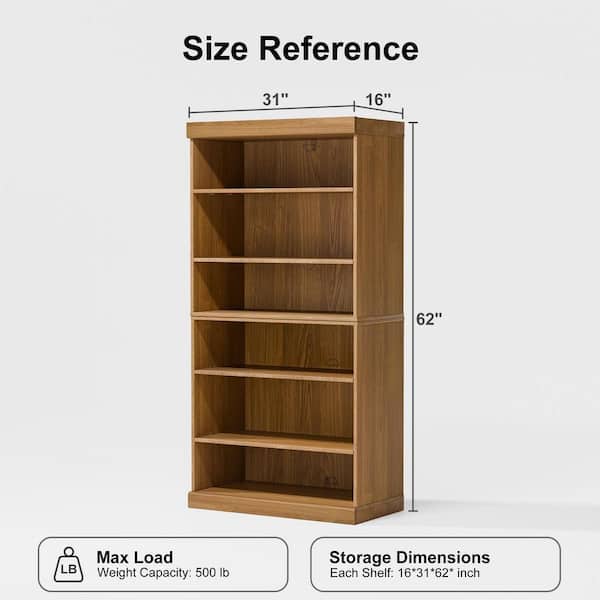 PexFix 62 in. Tall Natural Wood 4-Shelf Standard Bookcase with