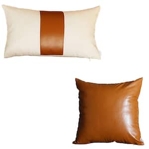 Brown Bohemian Handmade Vegan Faux Leather Mixed Solid 12 in. x 20 in. and 17 in. x 17 in. Throw Pillow (Set of 2)