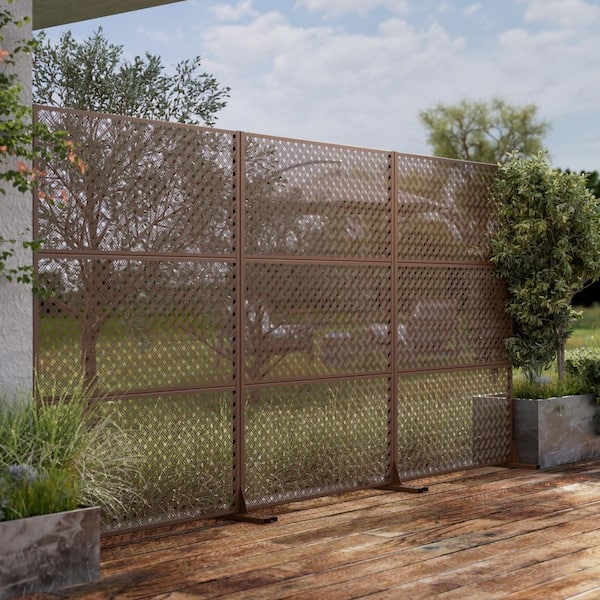 Unbranded 6 ft. x 4 ft. Privacy Fence Screen Brown Galvanized Metal for Garden Fence in Woven Pattern