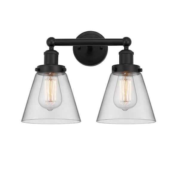 Cone 15.5 in. 2 Light Matte Black, Clear Vanity Light with Clear Glass Shade