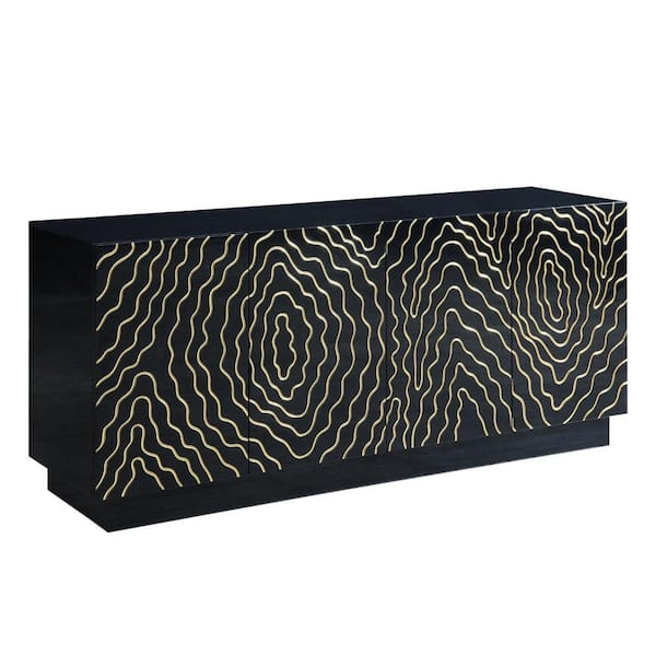 Benjara Black and Gold Wood Top 70.86 in. Sideboard with 4-Doors and black Wood