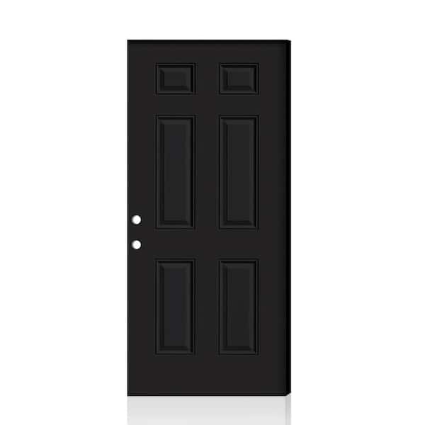 36 in. x 80 in. Universal/Reversible Premium 6-Panel Black Steel Front Door Slab