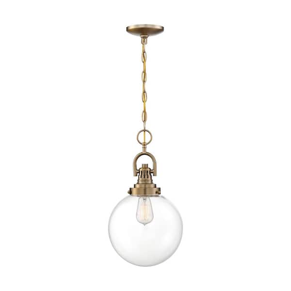 Skyloft 100-Watt 1-Light Burnished Brass Shaded Pendant Light with Clear Glass Shade, No Bulbs Included