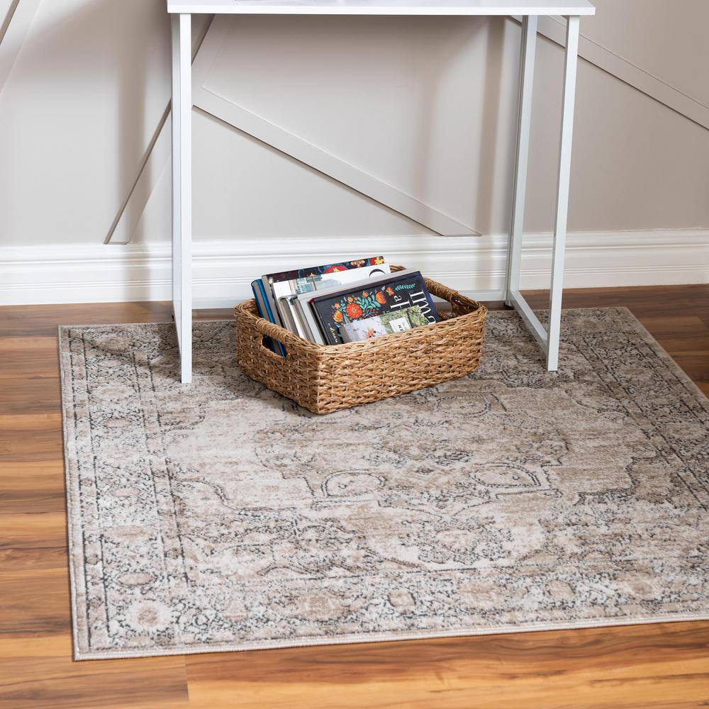 Modern Elegance Ivory & Gray Square Synthetic Area Rug, 4' x 4'