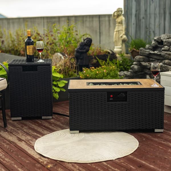 Unbranded 32 in. Black Rectangle 40,000 BTU Rattan Outdoor Propane Gas Fire Pit Table with Propane Tank Holder