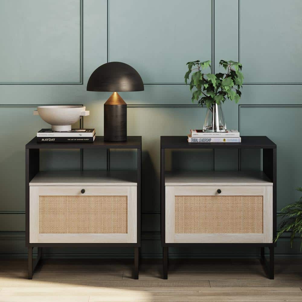 Mina Black and Rattan Boho Chic End Table Set
