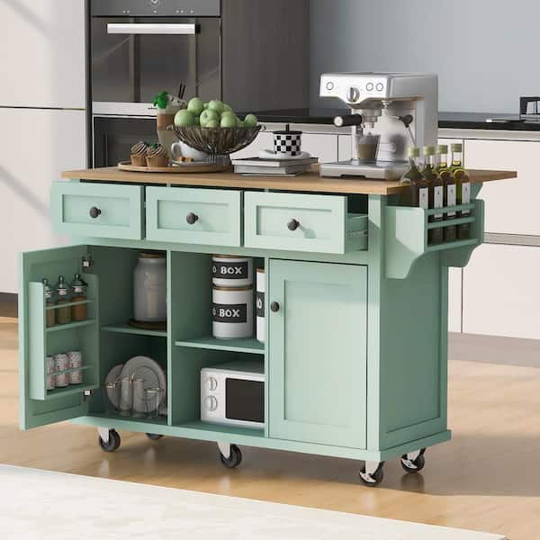 Unbranded Mint Green Rubber Wood Drop-Leaf Countertop 53.1 in. W Kitchen Island on 5 Wheels with Storage Cabinet and 3 Drawers