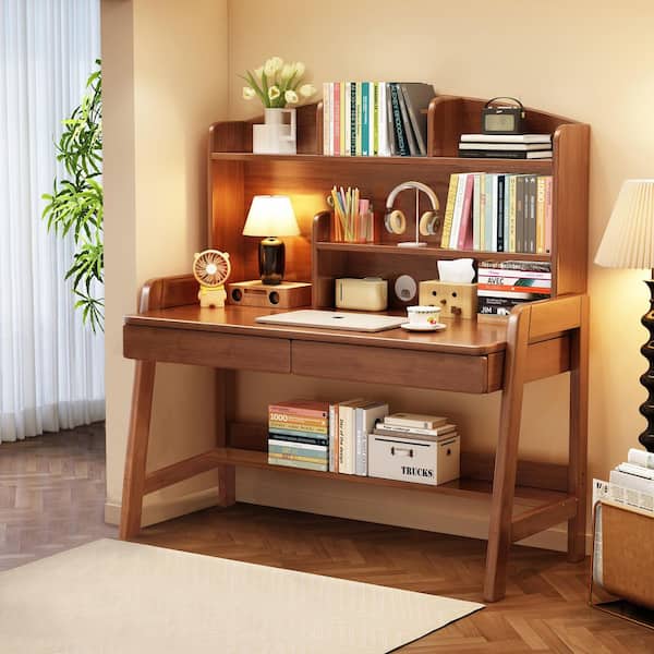 Brown Kids Study Desk with Storage, Wooden Children's Computer Writing Desk, Modern Kids Desk with Bookshelf and Drawers