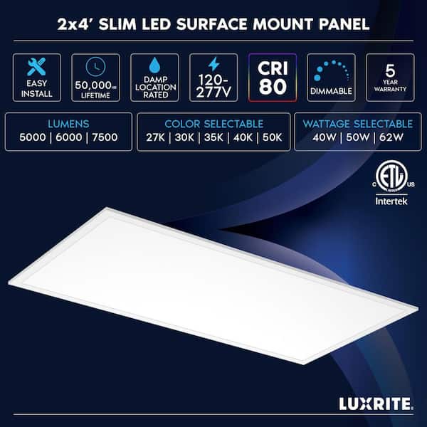 2 x 4 ft. LED Slim Surface Panel Recessed Light 5CCT 2700K-5000K Dimmable 5000/6000/7500LM 40/50/62W Damp Rated