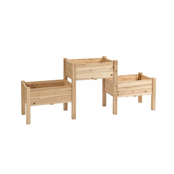 Flynama Elevated Wood Plant Stand with 3-Planter Box and Drainage Holes