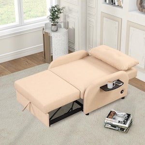 Beige 41.5 in. Multifunctional 3 in. 1-Linen Sleeper Sofa Bed with 2-Wing Table and USB Charging Ports