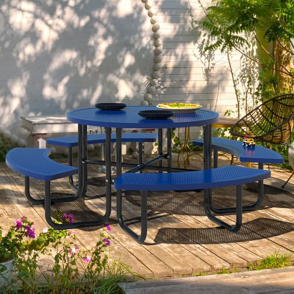 Thanaddo 46 in. Blue Round Outdoor Steel Picnic Table Seats 8-People with Umbrella Hole