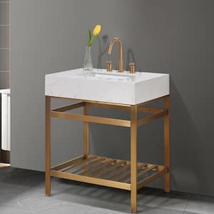 Merano 30 in. W x 22 in. D x 35 in. H Bath Vanity in Brushed Gold with White Composite Stone Top