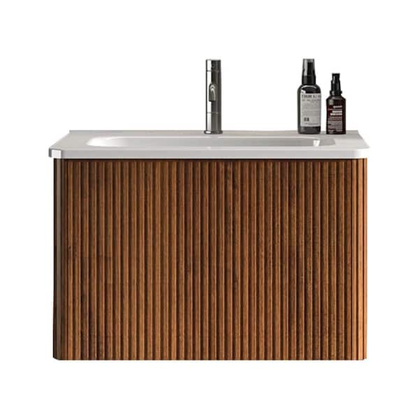 24 in. Wall Mounted Floating Modern Bath Vanity in Walnut with White Ceramic Sink, Curved Edges & Push Open Drawer