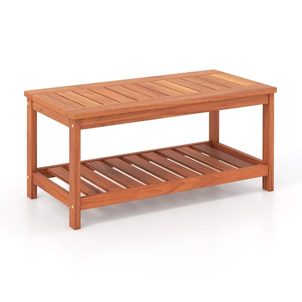 ANGELES HOME 2-Tier Patio Coffee Table with Slatted Tabletop and Shelf